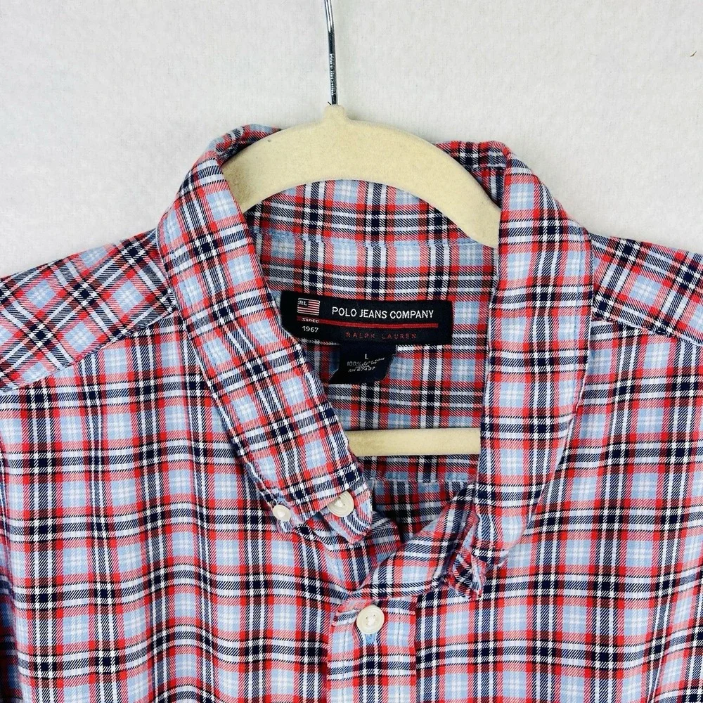 Polo Jeans Ralph Lauren Men's Shirt Large Red‎ Blue White Plaid Button Up Pony